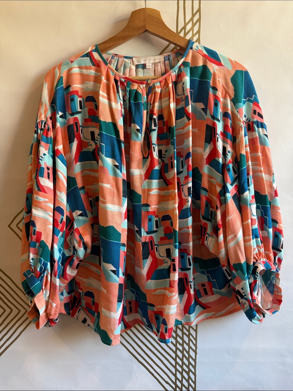Anthropologie Coral & Teal Abstract Peasant Blouse